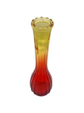Vintage Jeannette Glass Amberina Ribbed Bud Vase 1970s Scalloped Mouth Retro